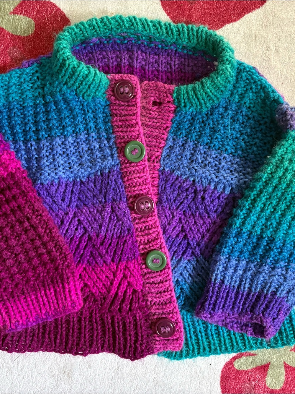 Kids Multicolor Hand-Knit Button Cardigan Sweater - Bright Pink, Purple & Teal